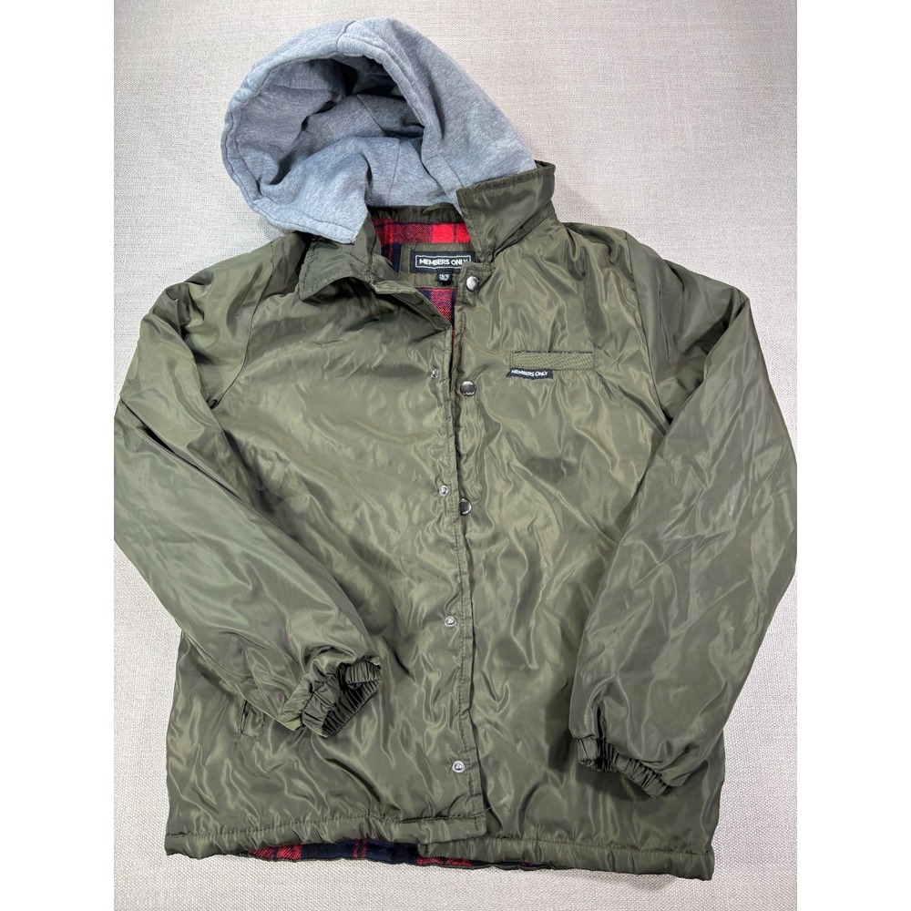 Members Only Nylon Olive Military Jacket with Gray Hoodie Size Youth 14/16